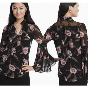 White House Black Market Floral Pleated Bell Sleeve Blouse Fairy Fairycore S 4